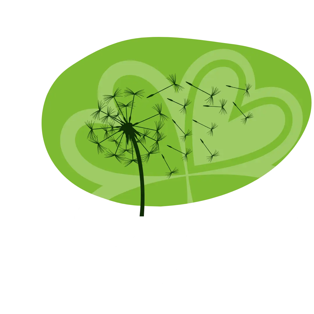 Illustration eines Kleeblatts mit einer Pusteblume, deren Samen davonfliegen – Symbol für Loslassen und Neubeginn.