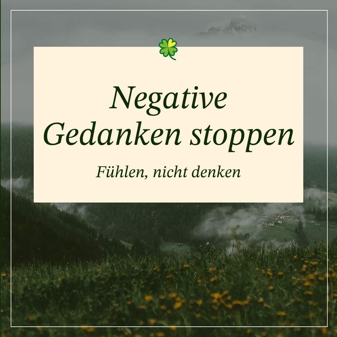 Motivationszitat über positives Denken in Naturkulisse, Text : Negative Gedanken stoppen: Fühlen, nicht denken – McSpirit